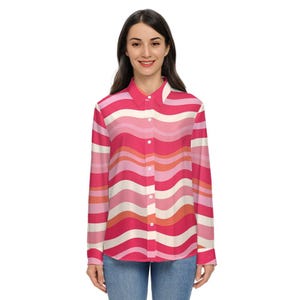 Retro Pink Wavy Stripes Long Sleeve Shirt Women, Groovy 70s Vintage Button Up Ladies Blouse Print Buttoned Down Collared Casual Dress Top