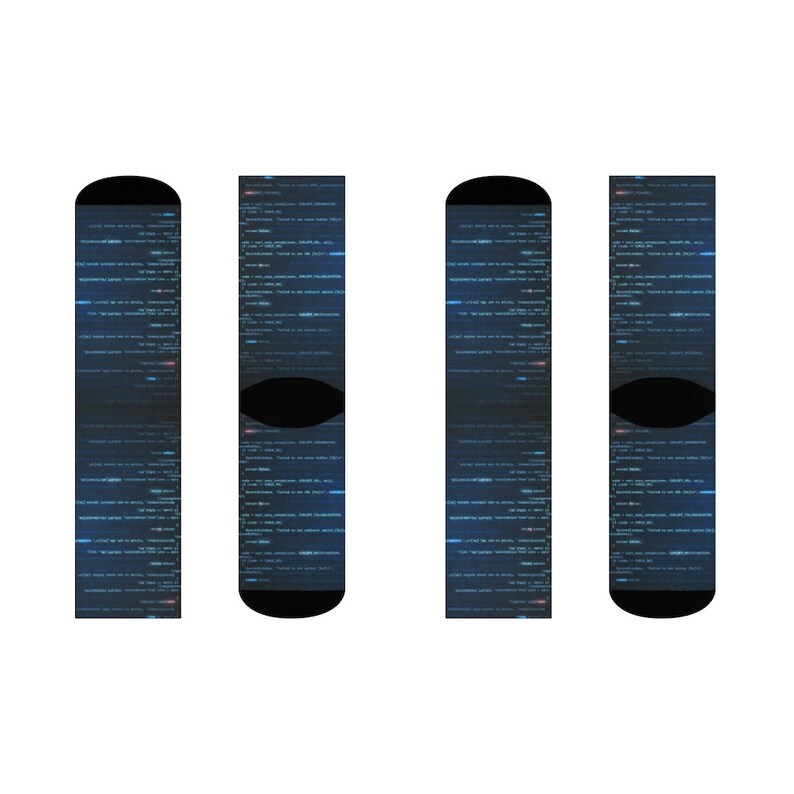 以下が含まれることがあります： コンピュータコードが印刷されたパターンが施された、青と黒の靴下4足です。