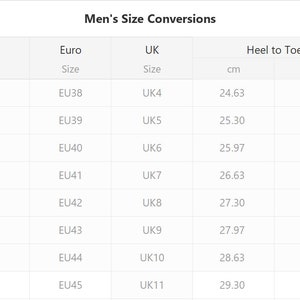 May include: A chart showing men's shoe size conversions between US, Euro, and UK sizes. The chart also includes heel-to-toe measurements in centimeters and inches.