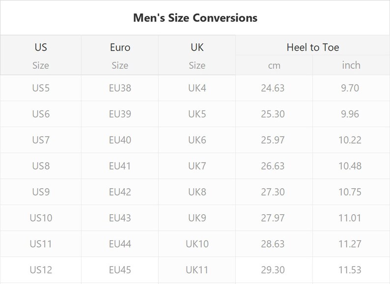 May include: A chart showing men's shoe size conversions between US, Euro, and UK sizes. The chart also includes heel-to-toe measurements in centimeters and inches.