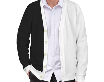 Half Black Half White Men Cardigan, Color Block 2 Tone Male Sweatshirt Sweater Long Sleeve Plus Size V Neck Lightweight Button Up Jumper Top