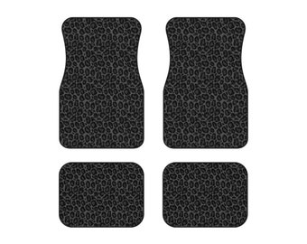 Black Leopard Car Front and Back Floor Mats (Set of 4), Cheetah Print Auto Vehicle Suv Truck Accessories Rubber All Weather Women Men Mat
