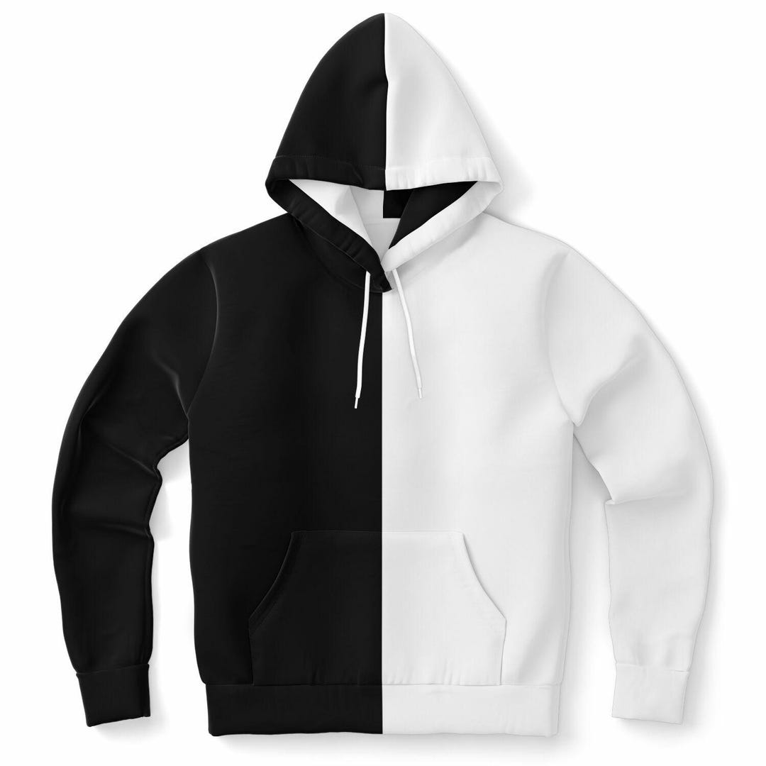 Half Black and Half White Hoodie, Two Tone Color Split Pullover Zip up