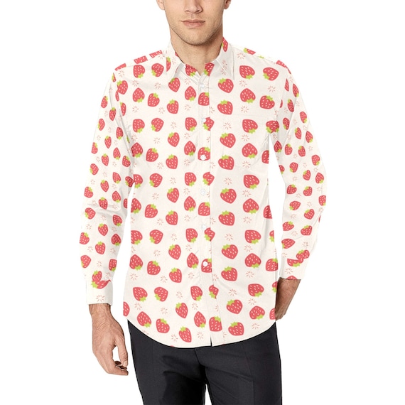 Strawberry Long Sleeve Men Button up Shirt, Pink Red Summer Fruit Fun Print  Dress Male Buttoned Collar Casual Dress Shirt With Chest Pocket - Etsy  Canada