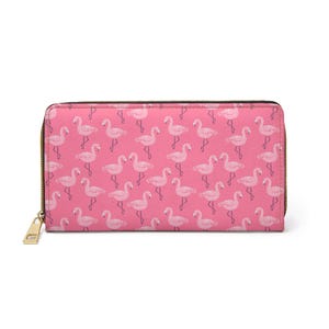 Portafoglio in pelle rosa fenicottero da donna, cerniera vegana tropicale con cerniera intorno alle monete, carte di credito, tasca per contanti, da donna, pochette sottile