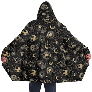 Sun Moon Hooded Cloak, Stars Celestial Coat Men Women Male Ladies Winter Warm Mink Fleece Hooded Blanket Robe Coat Wearable Cape Pockets