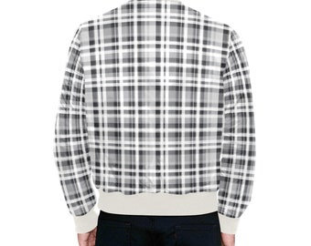 Grey White Plaid Men Quilted Bomber Jacket, Tartan Check Zip Grey White Plaid Men Quilted Bomber Jacket, Tartan Check Zip