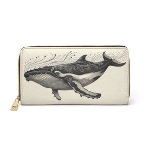 Cartera de cuero de ballena para mujer, Crema costera del mar del océano Cremallera vegana Cremallera alrededor de monedas Tarjetas de crédito Bolsillo en efectivo Bolsa para damas Monedero de embrague delgado