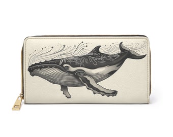 Carteira de couro de baleia feminina, oceano, mar, creme costeiro, zíper vegano, zíper em torno de moedas, cartões de crédito, bolso de dinheiro, bolsa de mão fina