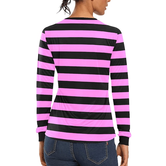 Black and Pink Striped Women Long Sleeve Tshirt, Designer