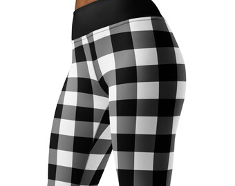 Buffalo Plaid Yoga Leggings Pants Black and White Lumberjack Fall Winter Christmas Tartan Printed Style Workout High Waist