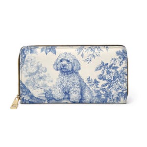 Portafoglio in pelle retrò per cani da donna, Toile de Jouy Vintage Poodle Doodle Vegan Cerniera Monete Carte di credito Tasca Contanti Borsa da donna Pochette
