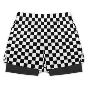 Karierte Männer 2 in 1 gefütterte Shorts, Schwarz Weiß Check Compression Liner Laufen Gym Workout Grafik Athletik Sport Mesh Taschen Kordelzug Bild 4