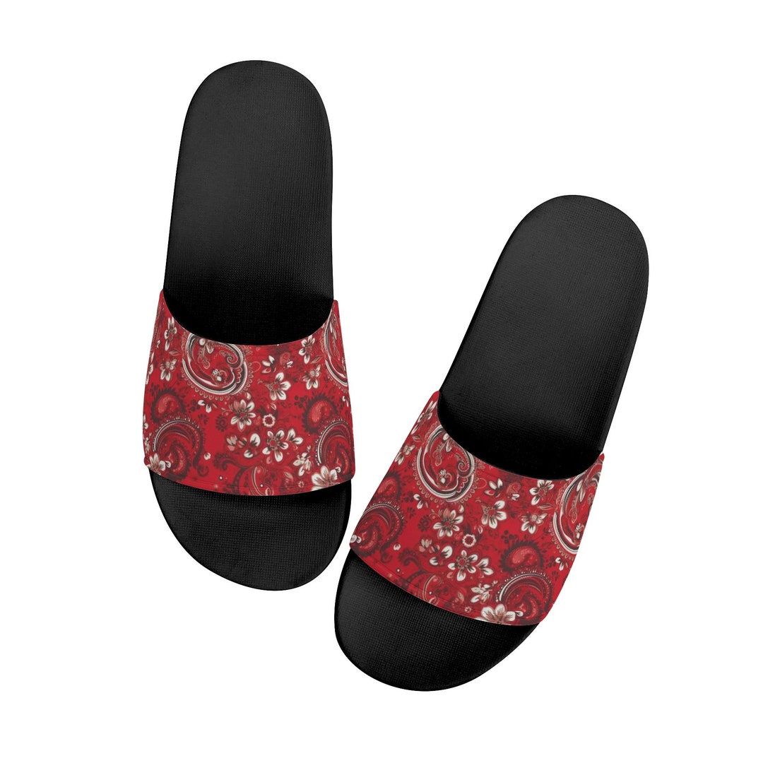 Red Paisley Men Slides Sandals, Bandana Designer Shower Beach