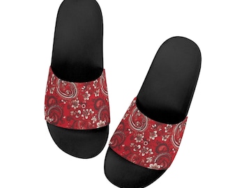 Red Paisley Men Slides Sandals, Bandana Designer Shower Beach Shoes Black Flat Wedge Slippers Vegan Casual Flip Flops Slip On