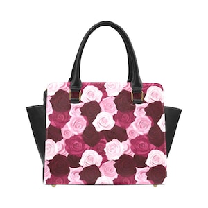 Pink Red Roses Purse Handbag, Cute Retro Floral Flowers Vegan Leather Designer Women Satchel Top Zip Handle Bag Ladies Shoulder Strap