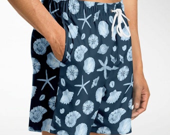 Sea Shells Men Shorts, Navy Blue Coastal Ocean Beach Male Casual with Pockets 7 Inch Inseam Drawstring Casual Designer Cool Summer