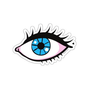Pode incluir: Um olho azul com cílios brancos e uma pálpebra rosa. O olho é contornado em preto e tem um logotipo branco starcove no canto inferior direito.