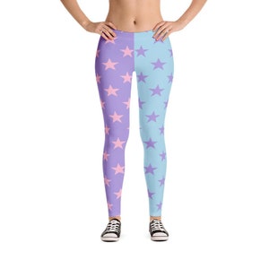 Star Leggings, Color Block Pastel Purple Blue Pink Workout Party Gym Yoga Pants Mid High Rise