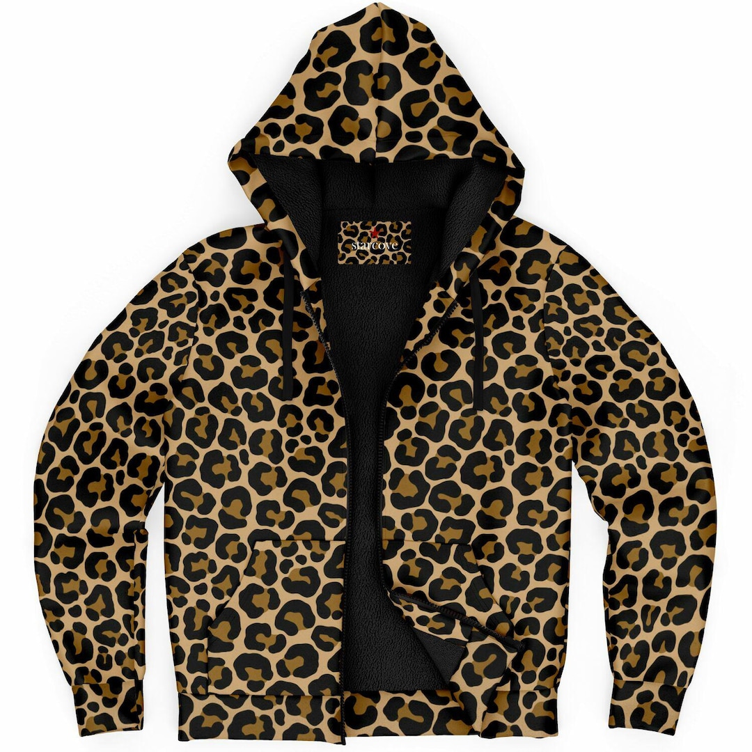 Leopard Zip up Fleece Lined Hoodie, Animal Print Brown Cheetah