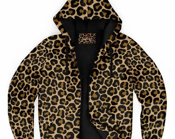 Leopard Zip up Fleece Lined Hoodie, Animal Print Brown Cheetah