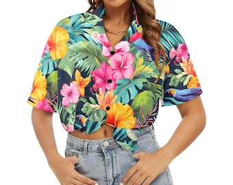 Parrot Tropical Women Hawaiian shirt, Floral Flowers Summer Hibiscus Print Vintage Retro Hawaii Aloha Button Up Down Plus Size Ladies Blouse