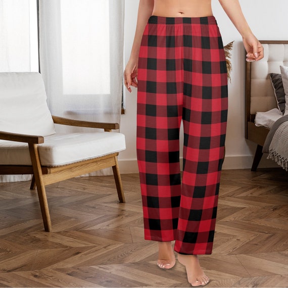 Red Black Plaid Women's Pajama Pants, Red Checkered Pjs, Red Pj