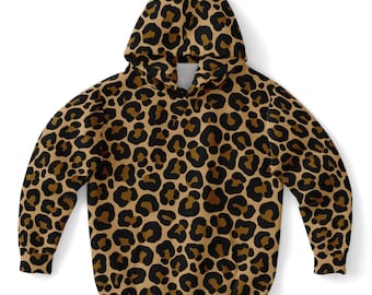 Leopard Kids Pullover Hoodie, Animal Cheetah Brown Print Girls Boy Toddler Youth Children Fleece Cozy Cotton Hooded Sweatshirt Pockets