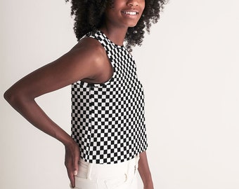 Black White Checkered Women Crop Tank Top, Racing Checks Y2k 90s
