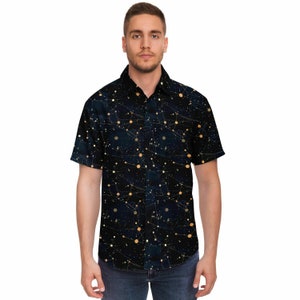 Constellation Short Sleeve Men Button Up Shirt, Space Stars Universe Print Casual Buttoned Down Summer Collared Dress Shirt