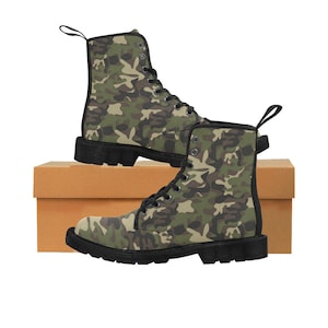 Camo Women&#39;s Boots, Green Camouflage Fatigue Vegan Canvas Lace Up Ladies Shoes Black Grey Army Print Ankle Combat Goth Casual Girls Gift