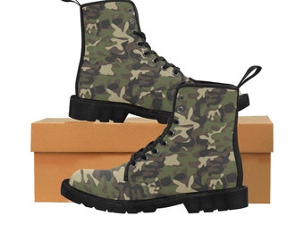 Camo Women's Boots, Green Camouflage Fatigue Vegan Canvas Lace Up Ladies Shoes Black Grey Army Print Ankle Combat Goth Casual Girls Gift