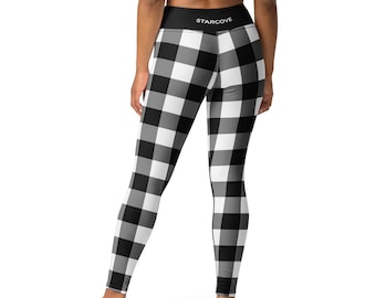 Buffalo Plaid Yoga Leggings Pants, Black and White Lumberjack Fall
