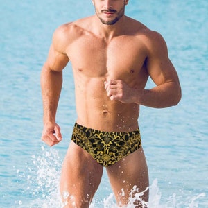 Ornate Men Swim Briefs, Black Gold Baroque Steampunk Sexy Swimwear Trunks Swimming Swimsuit Low Rise Underwear Vintage Designer Swimwear