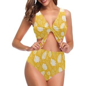 Yellow Bikini Set, Leaf High Waisted Cute Bottom String Knot Front Top Swimsuits Women Swimwear Bathing Suit Ladies Two Piece Swimming