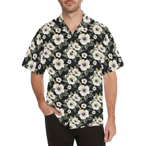 Black White Hibiscus Men Hawaiian shirt, Floral Floral Print Vintage Retro Summer Hawaii Aloha Beach Plus Size Cool Leaves Button Down Shirt