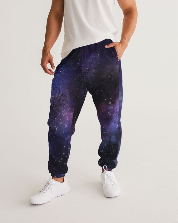 Galaxy Space Men Track Pants, Universe Stars Purple Zip Pockets