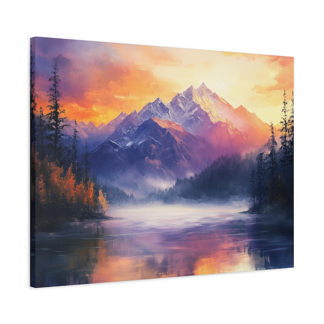 Sunset Mountain Canvas Gallery Wrap, Lake Trees Wall Art Print Artwork ...