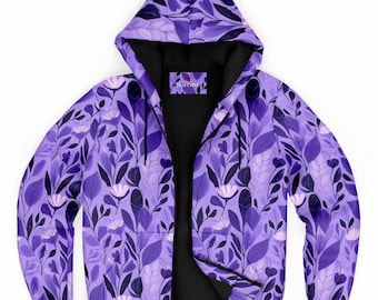 Purple Floral Zip Up Fleece Lined Hoodie, Flowers Heavyweight Full Zipper Pocket Men Women Unisex Aesthetic Graphic Hooded Sweatshirt Jacket