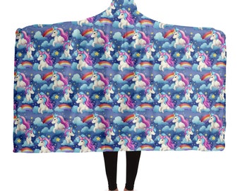 Unicorn Rainbow Hooded Blanket, Pink Blue Sherpa Fleece Soft Fluffy Cozy Warm Adult Men Women Kids Adult Large Wearable Hood Gift