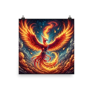 Impresión de póster de pájaro Fénix de fuego, arte de pared de llamas, obra de arte de papel cuadrado, decoración de oficina de habitación pequeña grande y fresca