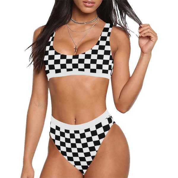 Checkered Bikini Set, High Waisted Black White Checkerboard 80s 90s Top Check Cheeky Rave Swimsuit Swimwear Bathing Suit Plus Size Two Piece