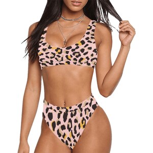Pink Leopard Print Bikini Set, Animal Cheetah Top High Waisted Bikini Cheeky Bottom Sexy Swimsuit Swimwear Plus Size Bathing Suit Two Piece