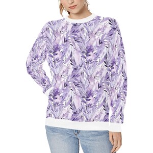 Lavender Women Sweatshirt, Purple Flowers Floral Watercolor Crewneck Fleece Sweater Jumper Pullover Ladies Adult Aesthetic Designer Top