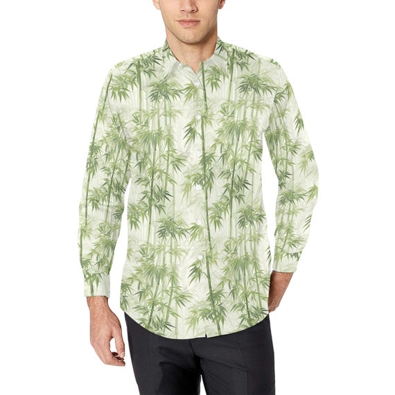 Bamboo Long Sleeve Men Button up Shirt, Japanese Tree Leaf Green Nature  Print Buttoned Down Collar Casual Dress Shirt