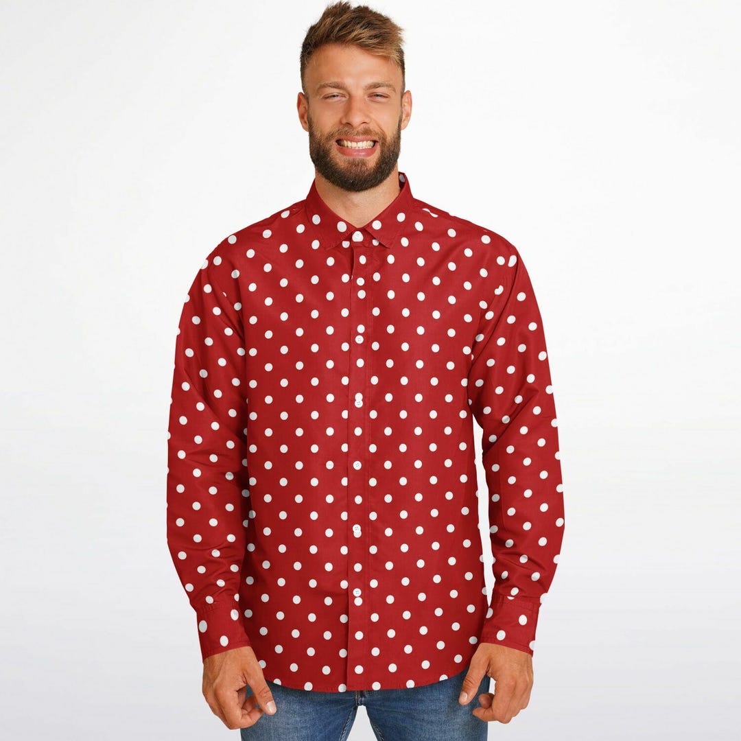 Red White Polka Dots Long Sleeve Men Button up Shirt, Guys Male