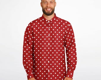 Red White Polka Dots Long Sleeve Men Button Up Shirt, Guys Male Print Buttoned Down Collared Graphic Casual Dress Plus Size Shirt