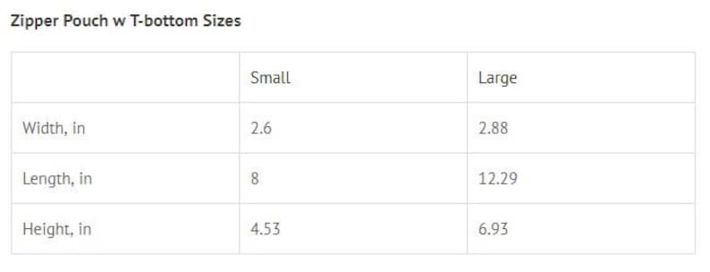 May include: A table showing the dimensions of a zipper pouch with a T-bottom in inches. The pouch is available in two sizes: small and large. The table lists the width, length, and height of each size.