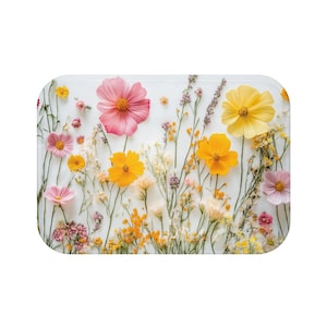 Wildflowers Bath Mat, Yellow Pink Floral Flowers Botanical Garden Shower Bathroom Non Slip Memory Foam Microfiber Large Small Washable Rug