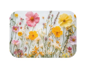 Wildflowers Bath Mat, Yellow Pink Floral Flowers Botanical Garden Shower Bathroom Non Slip Memory Foam Microfiber Large Small Washable Rug